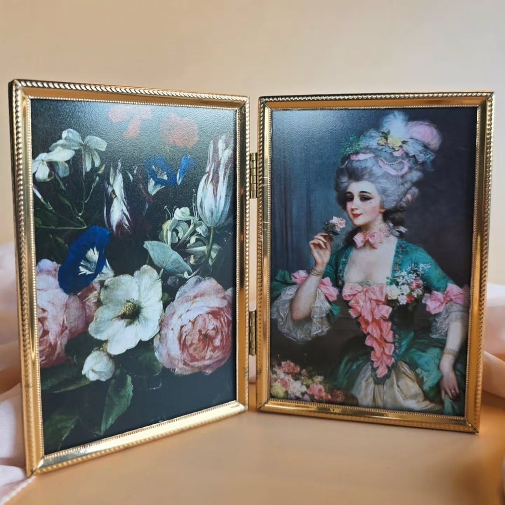 Elegant Gold Double Picture Frame with Floral and Portrait Art